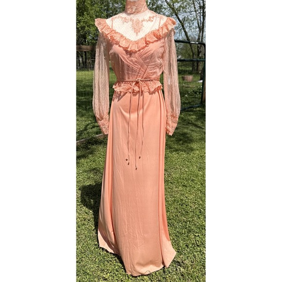 Vtg 70s Peach Lace Maxi Dress Sheer Sleeve Prairie Romantic Union Made Victorian - Picture 7 of 15
